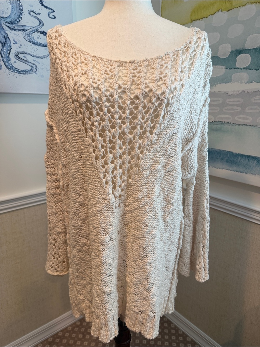 Free People Cream Small Open-Knit V-Neck Women's Sweater 3/4 sleeves Crochet EUC